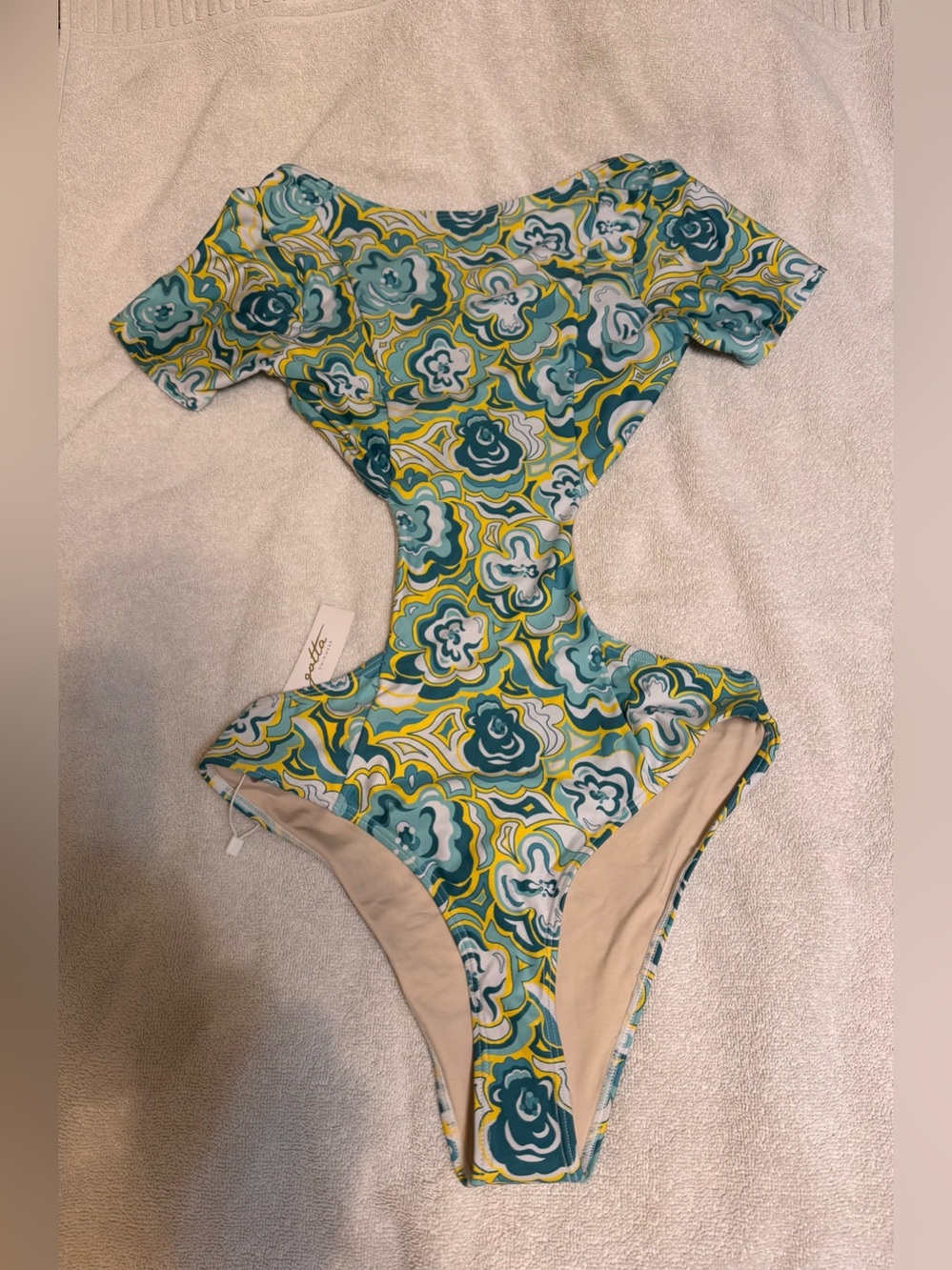 Floral Cutout One-Piece Swimsuit in Teal & Yellow